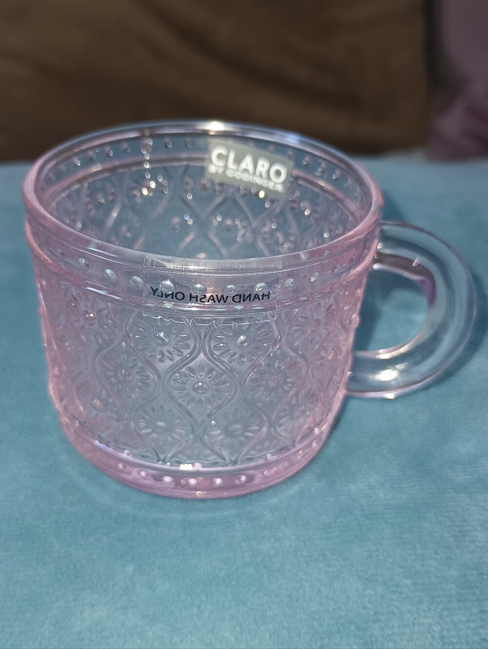 Claro By Godinger Pink Rose Embossed Glass Sandwich Tea Cup Floral
